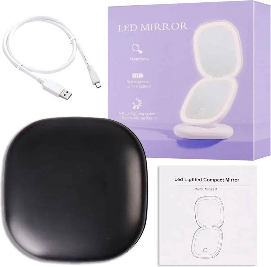 Non Merk Make-up spiegel met LED-verlichting Oplaadbaar 3 Lichtstanden x10 Vergroting Compact Zwart