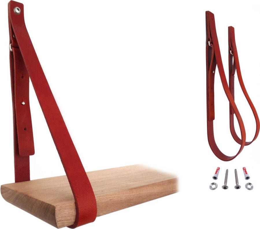 NOOBLU Leren plankdragers SHELV – Verstelbaar – Rood leer – Complete set van 2