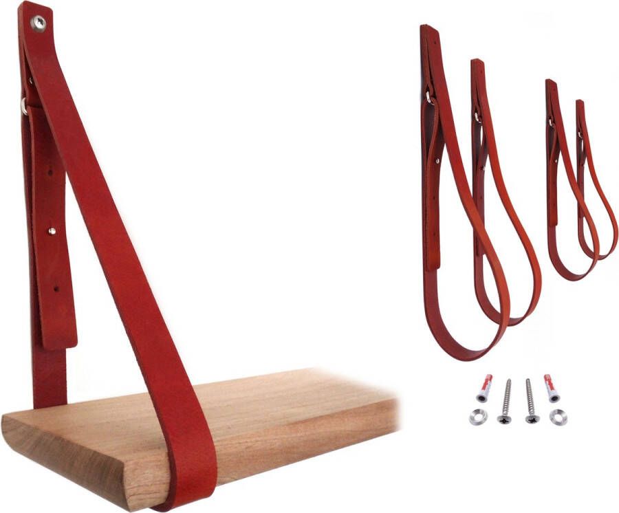 NOOBLU Leren plankdragers SHELV – Verstelbaar – Rood leer – Complete set van 2