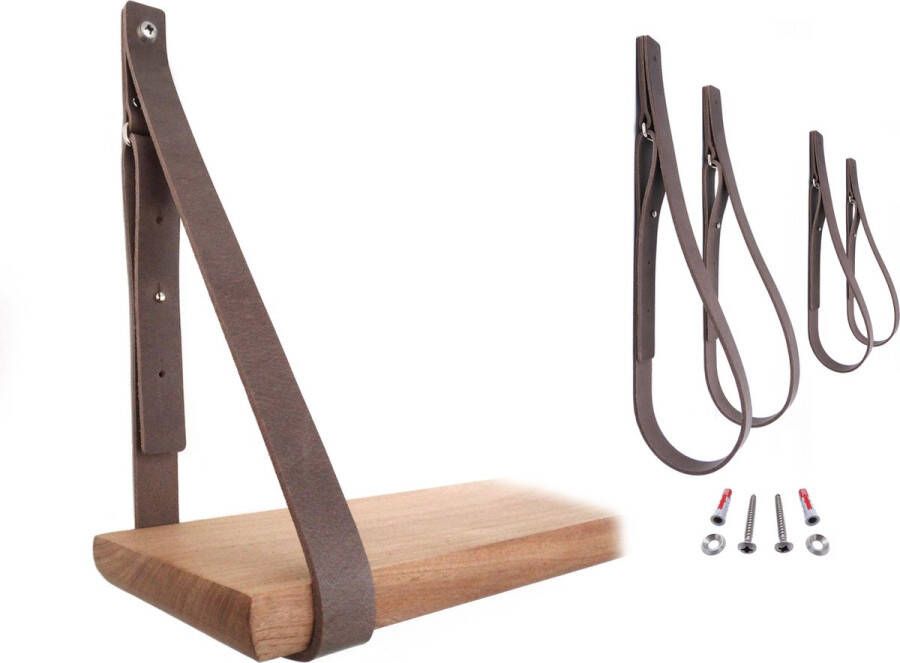 NOOBLU Leren plankdragers SHELV – Verstelbaar – Grijs leer – Complete set van 2