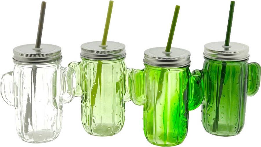 Merkloos Glazen cactus drinkglas met deksel en rietje 350ml 4 Kleuren 4 stuks