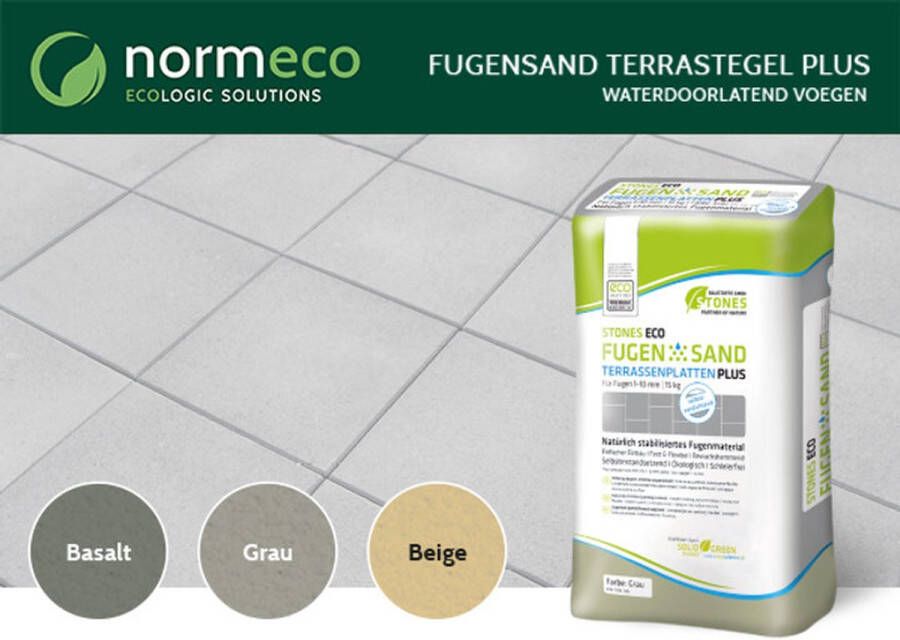 Normeco Ecologic Solutions FugenSand Terrastegel Plus voegzand kleur Basalt waterdoorlatend voegen terras onkruidvrije tegels Normeco