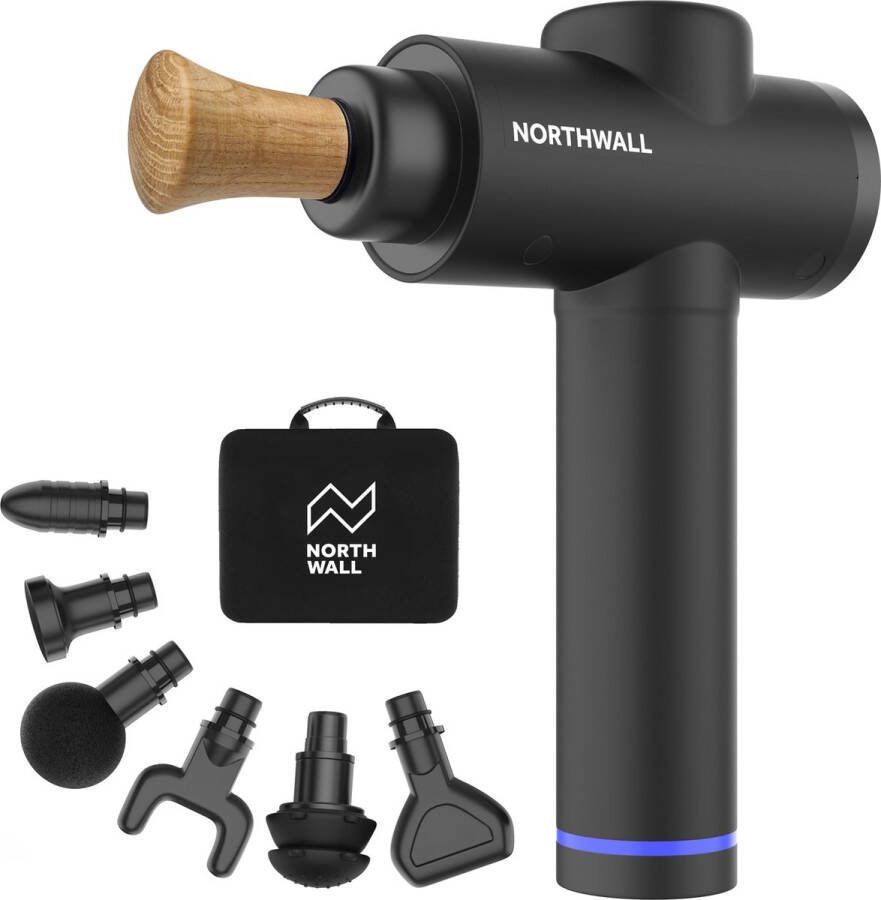 Northwall Massage Gun Professioneel Prime Massage Pistool Inclusief Koffer en 7 Opzetstukken incl. Eikenhouten Massagekop Krachtig en Draadloos Sport en Relax Massage Apparaat