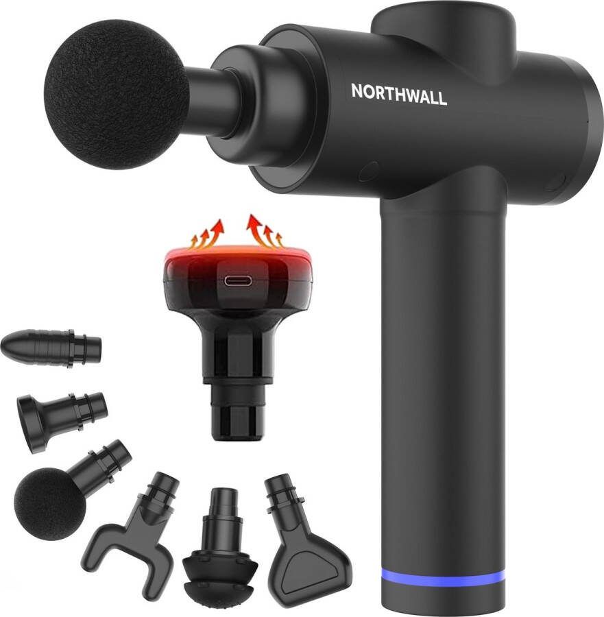 Northwall Massage Gun Professioneel Prime Massage Pistool Inclusief Koffer en 7 Opzetstukken incl. Warmte Massagekop Krachtig en Draadloos Sport en Relax Massage Apparaat