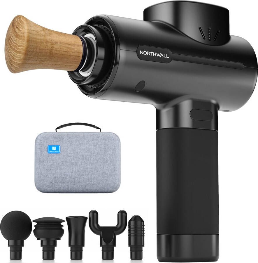 Northwall Massage Gun Professioneel PRO Massage Pistool Inclusief Koffer en 6 Opzetstukken incl. Eikenhouten Massagekop Krachtig en Draadloos Sport en Relax Massage Apparaat