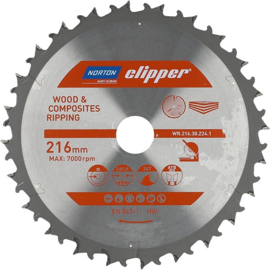 Norton Clipper Hout en Composiet Verstekzaagblad ATB Neg 216mm 24 tanden Voor Afkortzagen