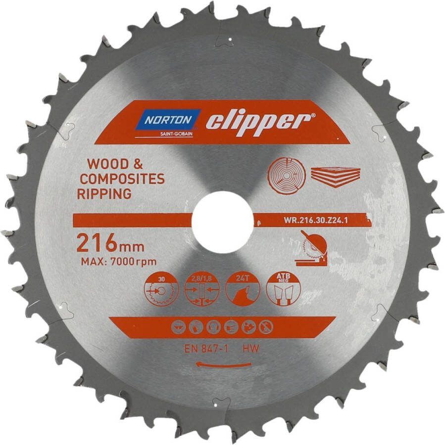 Norton Clipper Hout en Composiet Verstekzaagblad ATB Neg 216mm 24 tanden Voor Afkortzagen