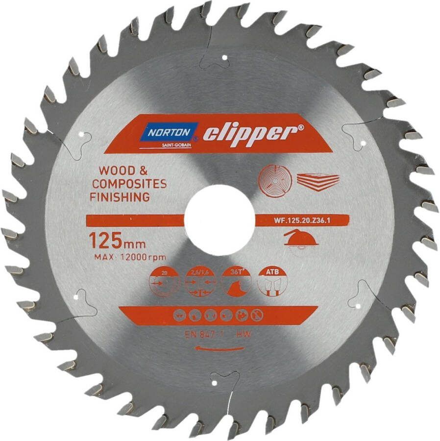 Norton Clipper Hout en Composiet Zaagblad ATB Finishing 125mm 36 tanden Voor Cirkelzagen en Afkortzagen
