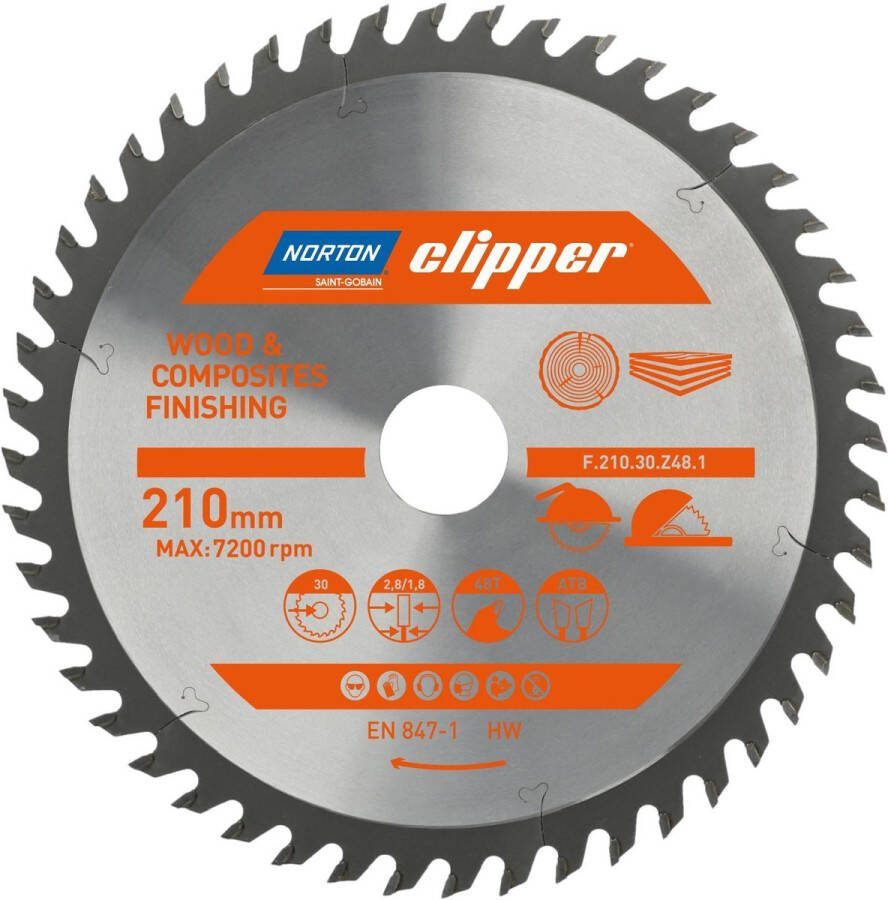 Norton Clipper Hout en Composiet Zaagblad ATB Finishing 210mm 48 tanden Voor Cirkelzagen en Afkortzagen