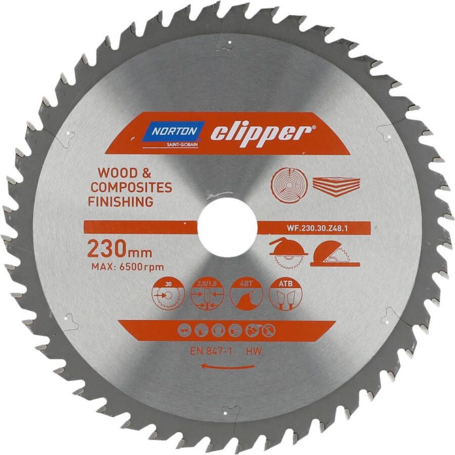 Norton Clipper Hout en Composiet Zaagblad ATB Finishing 230mm 48 tanden Voor Cirkelzagen en Afkortzagen