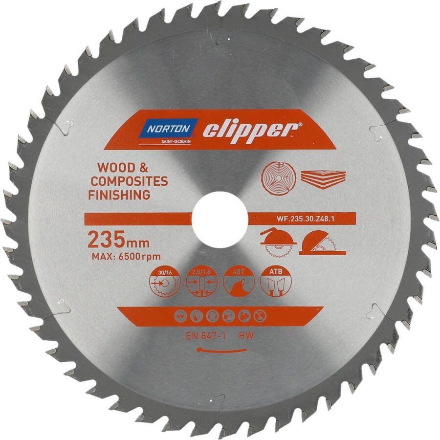 Norton Clipper Hout en Composiet Zaagblad ATB Finishing 235 mm 48 tanden Voor Cirkelzagen en Afkortzagen