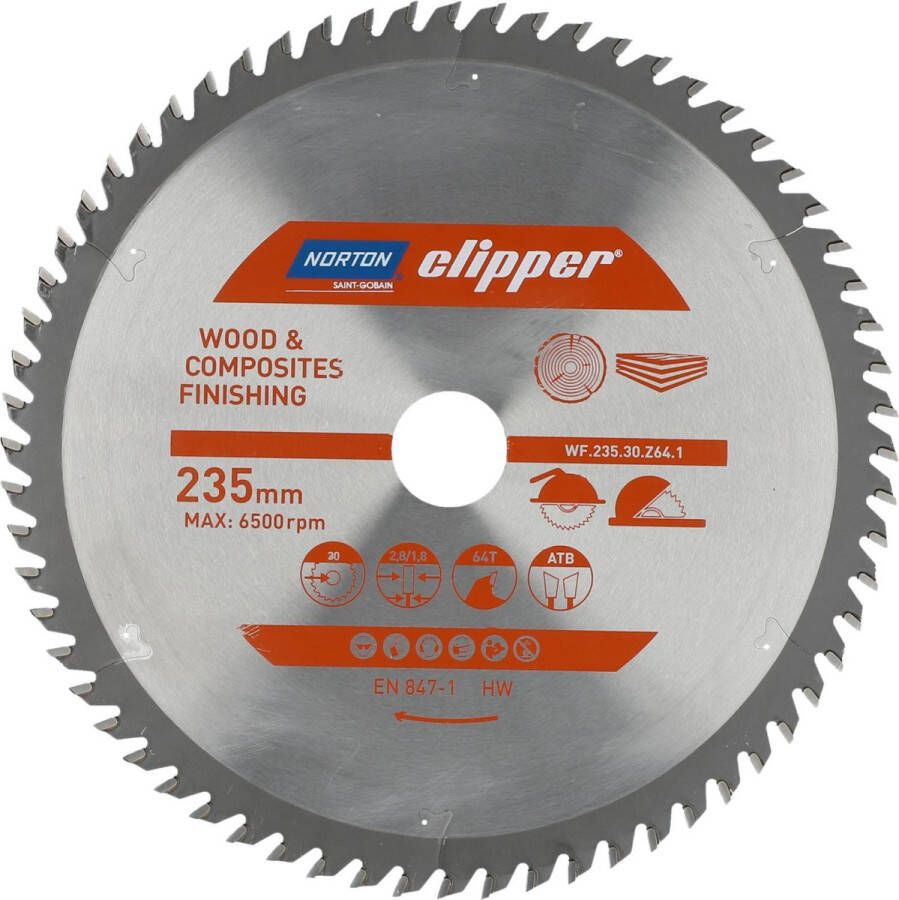 Norton Clipper Hout en Composiet Zaagblad ATB Finishing 235mm 64 tanden Voor Cirkelzagen en Afkortzagen