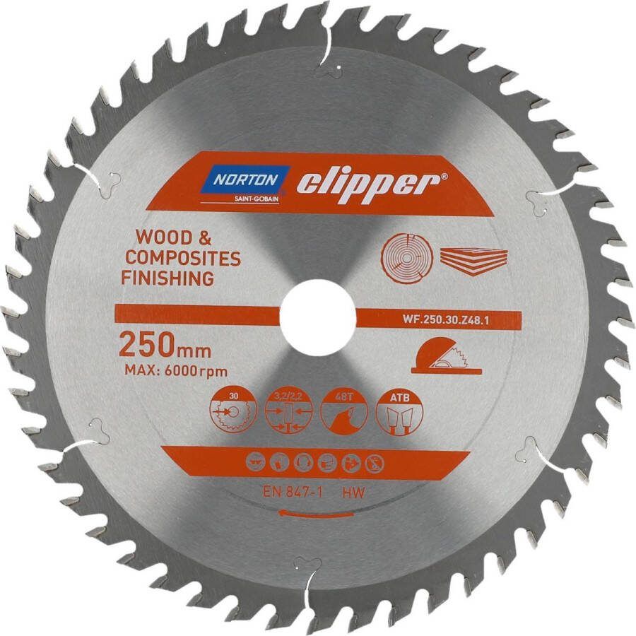 Norton Clipper Hout en Composiet Zaagblad ATB Finishing 250mm 96 tanden Voor Cirkelzagen en Afkortzagen