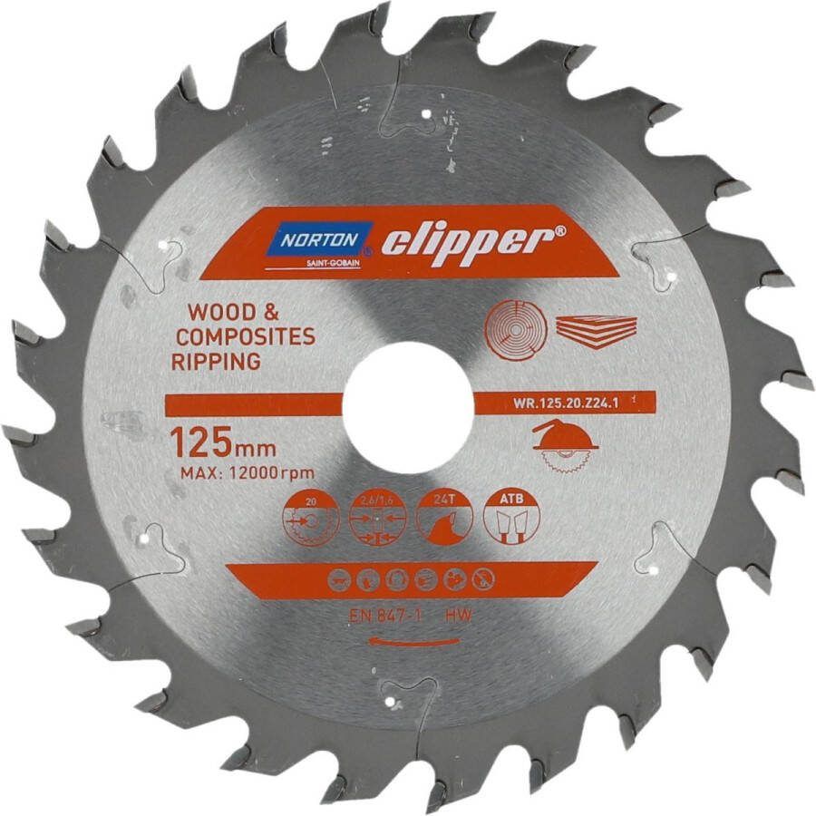 Norton Clipper Hout en Composiet Zaagblad ATB Ripping 125mm 24 tanden Voor Cirkelzagen en Afkortzagen