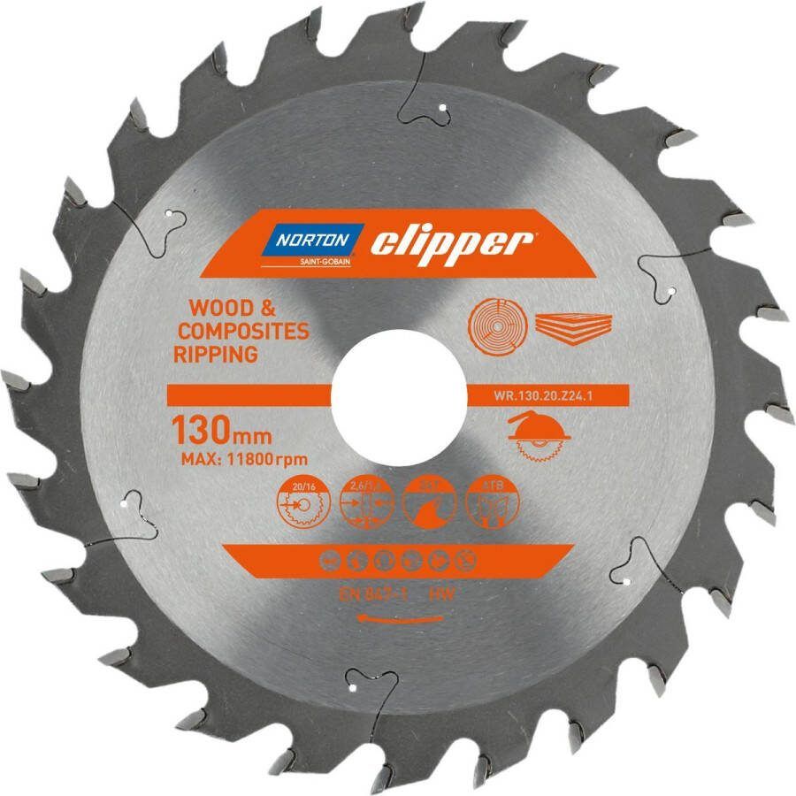 Norton Clipper Hout en Composiet Zaagblad ATB Ripping 130mm 24 tanden Voor Cirkelzagen en Afkortzagen