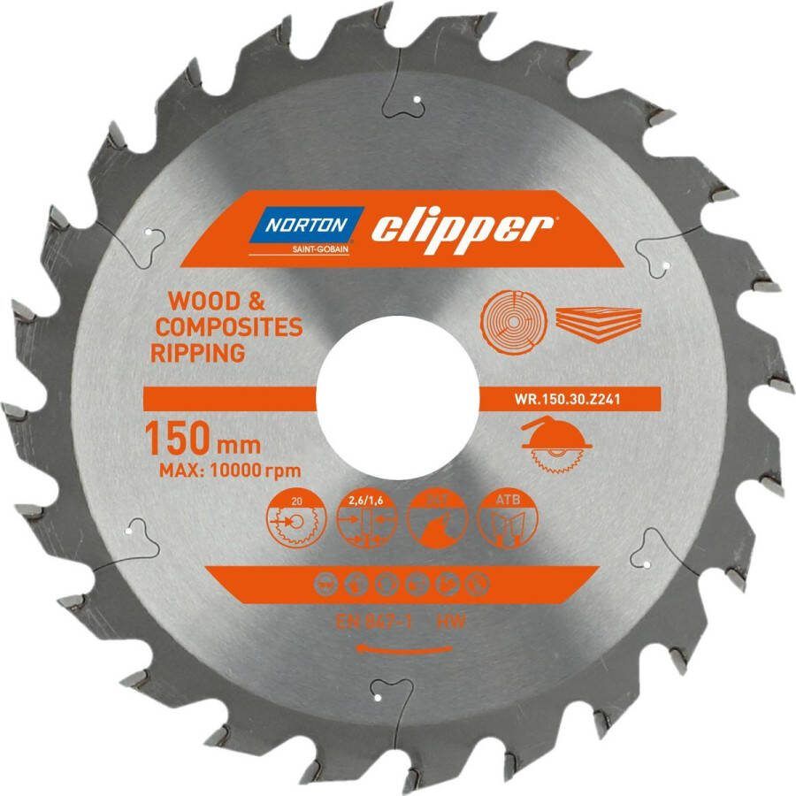 Norton Clipper Hout en Composiet Zaagblad ATB Ripping 150mm 24 tanden Voor Cirkelzagen en Afkortzagen