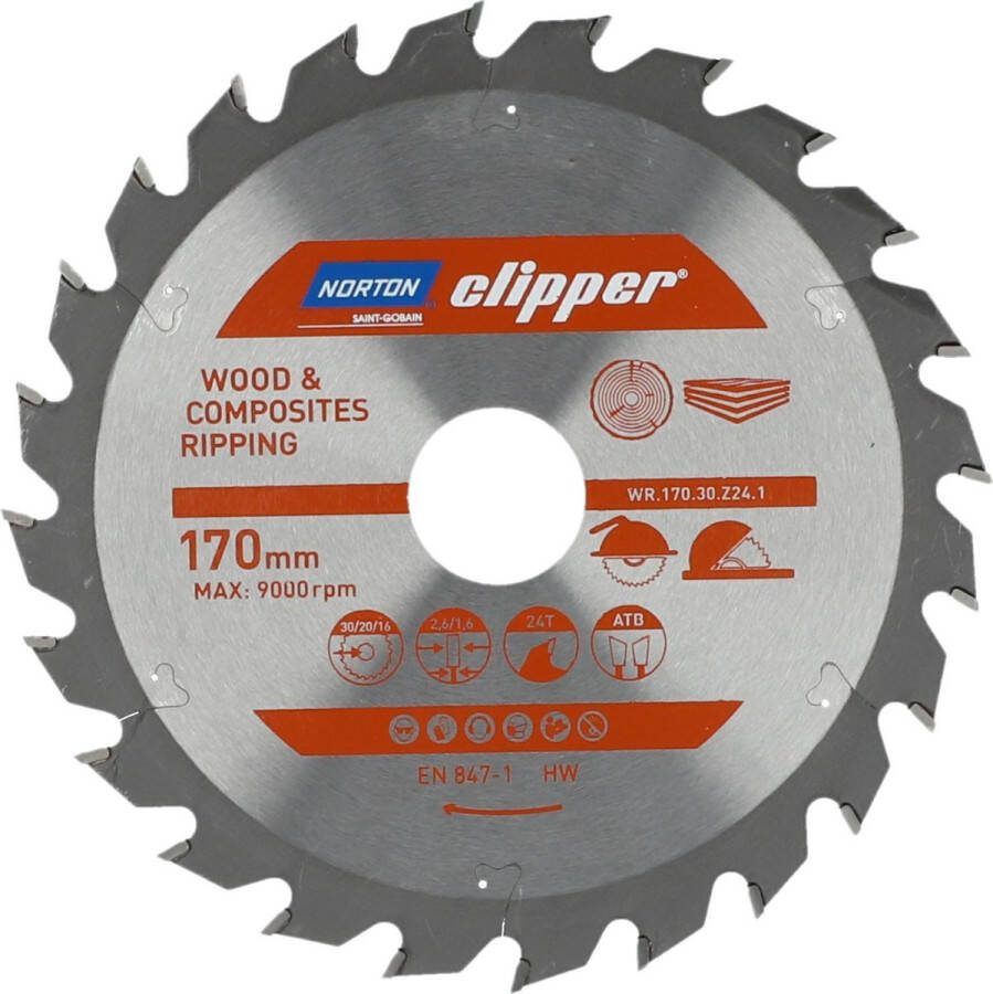 Norton Clipper Hout en Composiet Zaagblad ATB Ripping 170mm 24 tanden Voor Cirkelzagen en Afkortzagen
