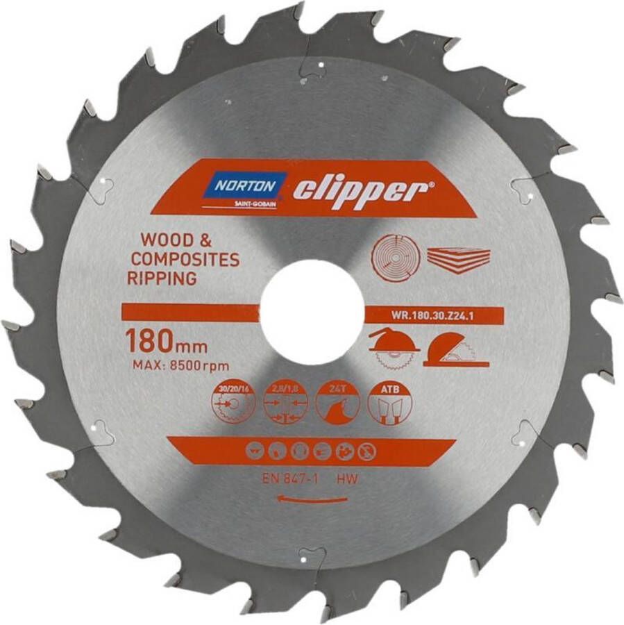 Norton Clipper Hout en Composiet Zaagblad ATB Ripping 180mm 24 tanden Voor Cirkelzagen en Afkortzagen