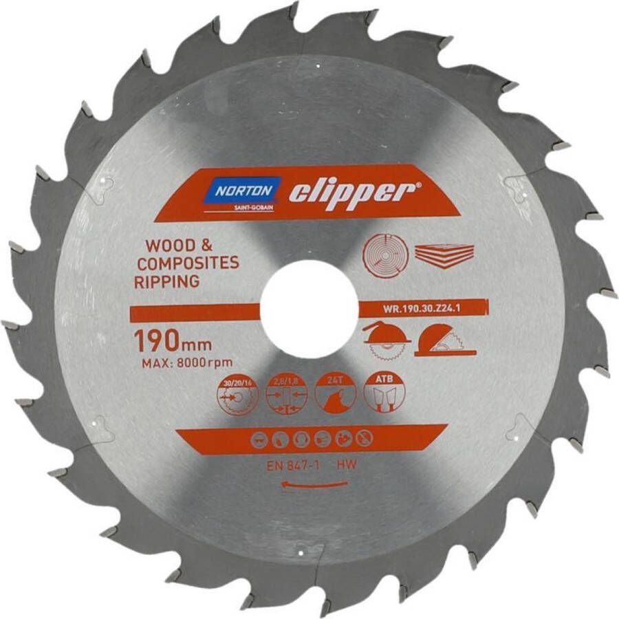 Norton Clipper Hout en Composiet Zaagblad ATB Ripping 190mm 24 tanden Voor Cirkelzagen en Afkortzagen