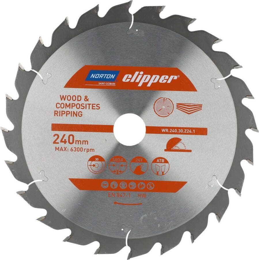 Norton Clipper Hout en Composiet Zaagblad ATB Ripping 240mm 24 tanden Voor Cirkelzagen en Afkortzagen