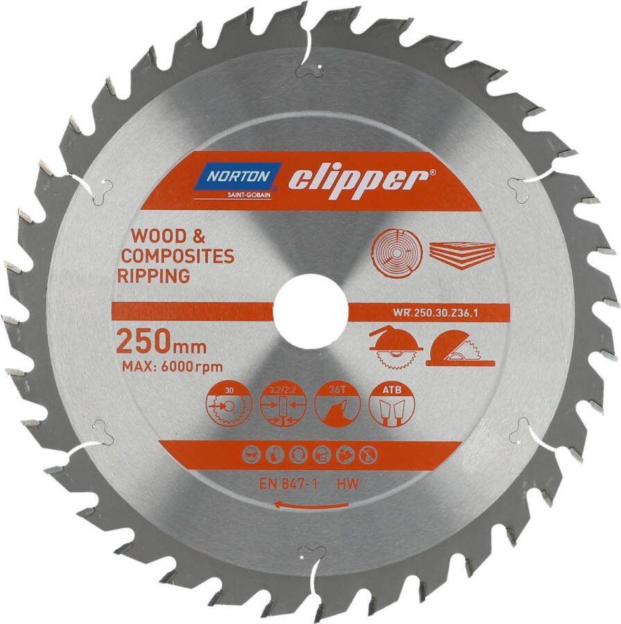 Norton Clipper Hout en Composiet Zaagblad ATB Ripping 250mm 36 tanden Voor Cirkelzagen en Afkortzagen