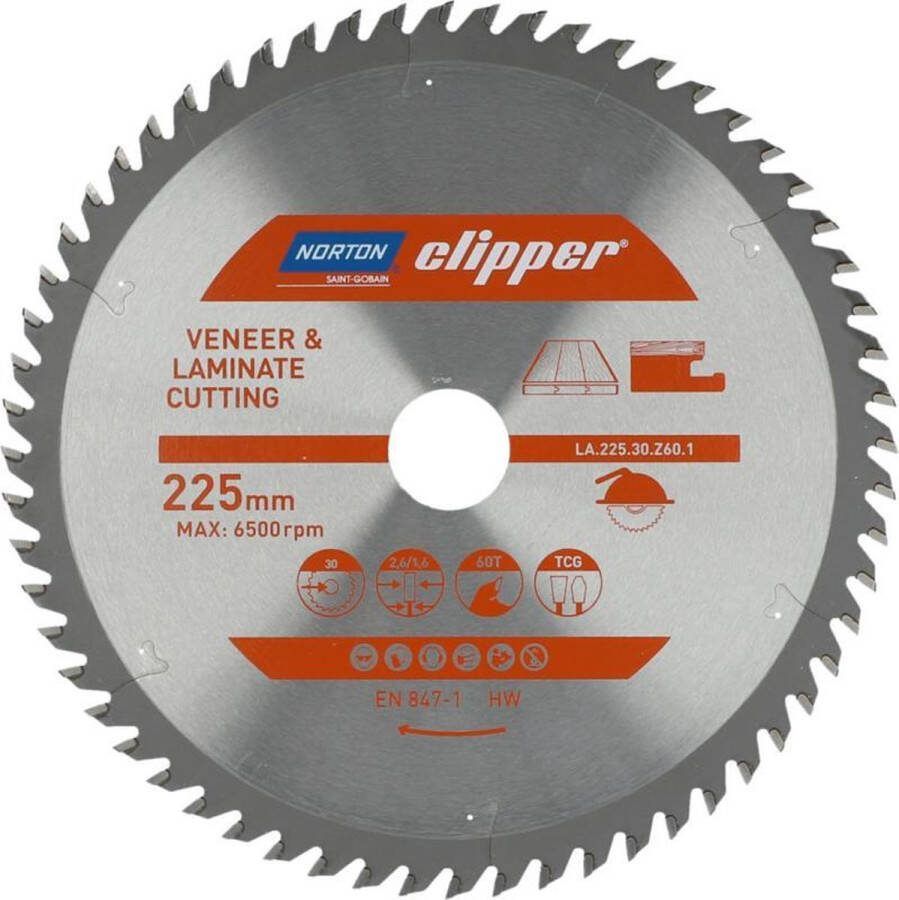 Norton Clipper Laminaat en Fineer Zaagblad TCG 225mm 60 tanden Voor Cirkelzagen