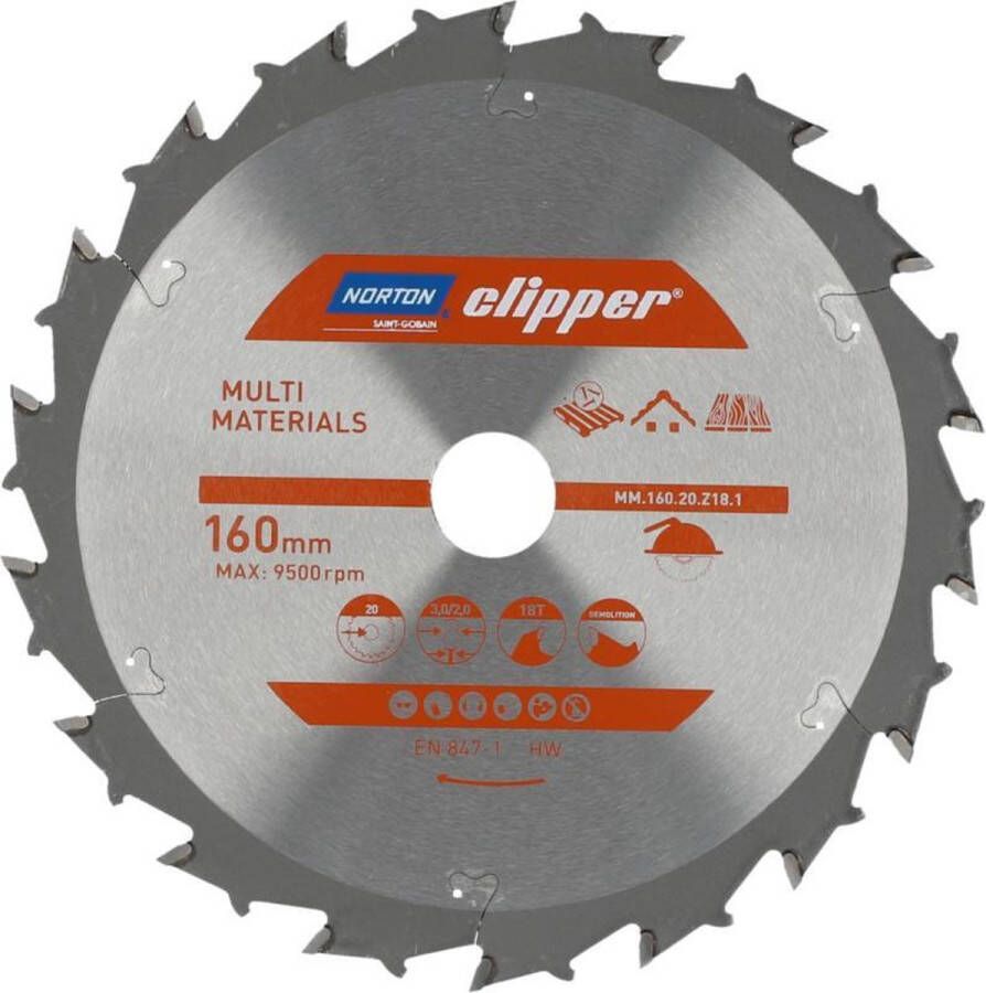 Norton Clipper Multi Materials Cirkelzaagblad 160mm 18 tanden Voor Cirkelzagen