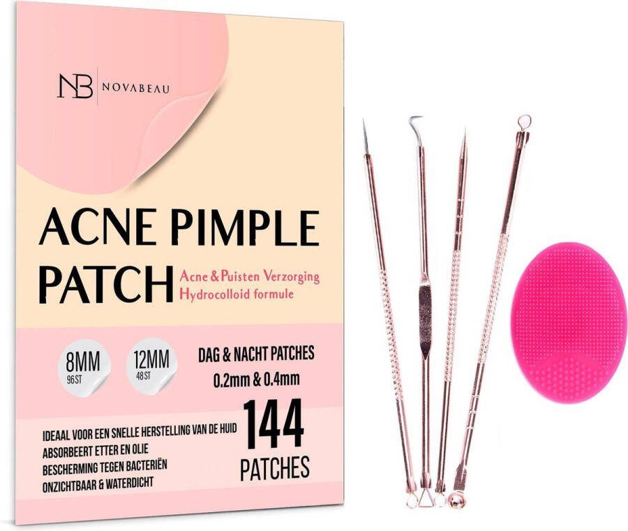Novabeau Acne Patches Dag en Nacht met Blackhead Remover Set en Gezichtsborstel Puisten Verwijderaar 144 Pleisters in 2 Formaten Comedonenlepel Pimple Patch voor Acneverzorging