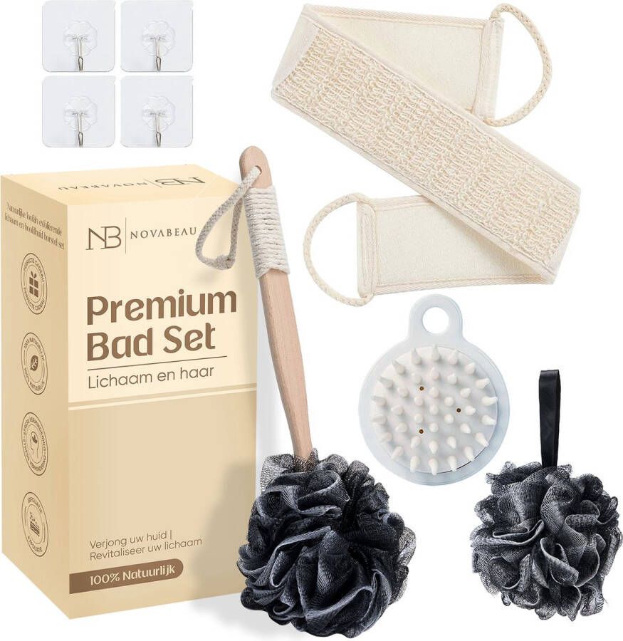 Novabeau Luxe Exfoliërende Badset met Loofah Net Lichaamsbortel met Badspons Shampoo Brush Scrubhandschoen Houten Lichaamborstel met Loofah Bal van Houtskool Rug Scrubber Huidborstel Doucheborstel Badborstel Rugborstel