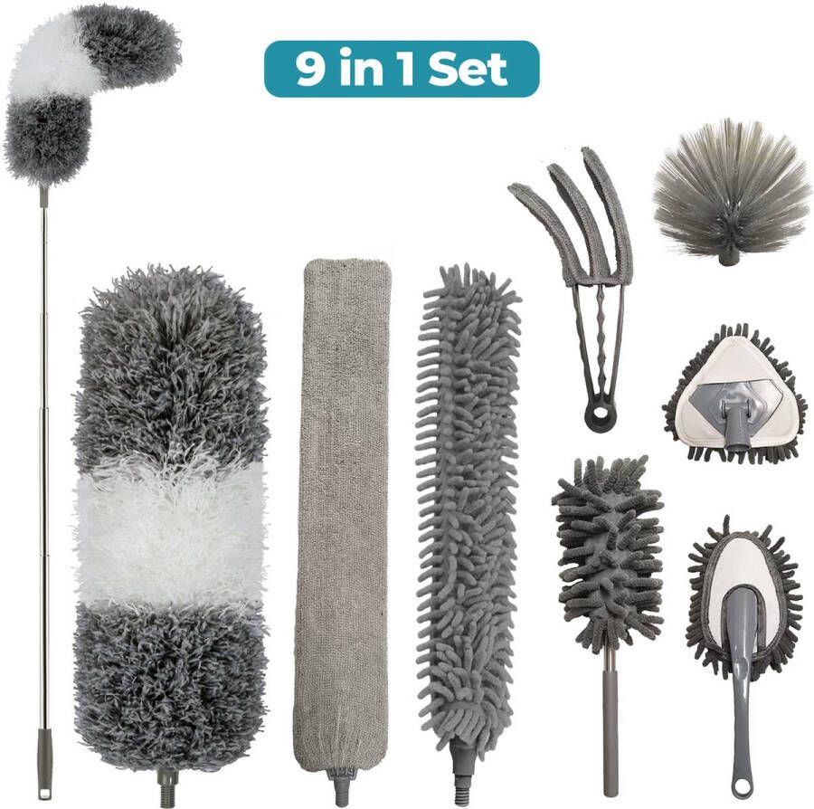 Novabeau Plumeau met Telescoopsteel – Microvezel Ragebol Uitschuifbaar 9-delig Duster Set met Voegenborstel – RVS Stoffer – Grijs Chenille Borstel – Wasbaar en Draaibaar