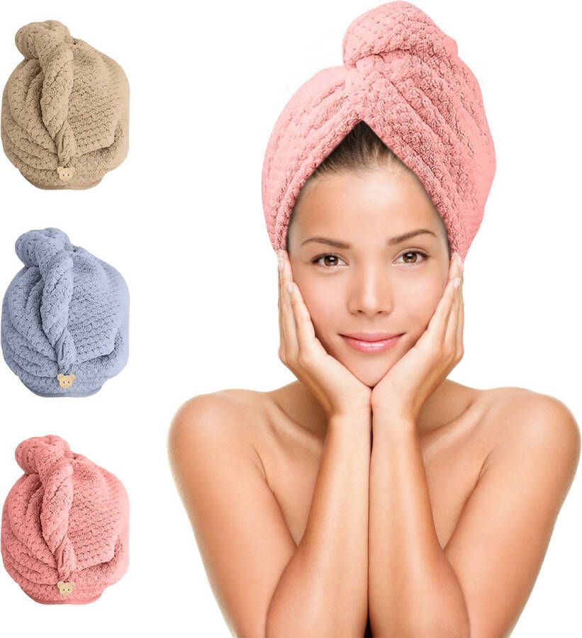 NOVALITS Haarhanddoek Microvezel Ultra Sneldrogende Hoofdhanddoek om overtollig water te absorberen 3 stuks Hair Towel Badtextiel Roze Blauw Bruin
