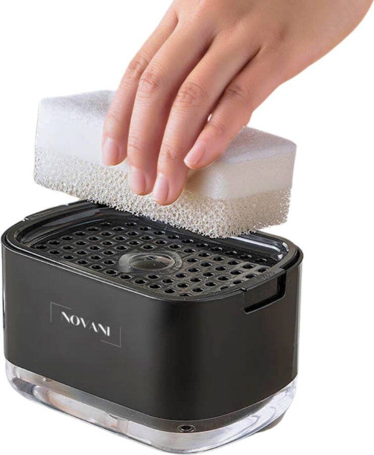 Novani Keuken 2 in 1 Zeepdispenser Vloeistofpomp Navulbaar Sponshouder Afwasmiddeldispenser Keukenaccessoire Gootsteen Life Gadget Aanrecht Zwart