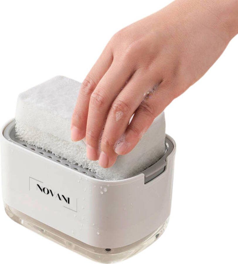 Novani Keuken 2 in 1 Zeepdispenser Vloeistofpomp Navulbaar Sponshouder Afwasmiddeldispenser Keukenaccessoire Gootsteen Life Gadget Aanrecht Wit
