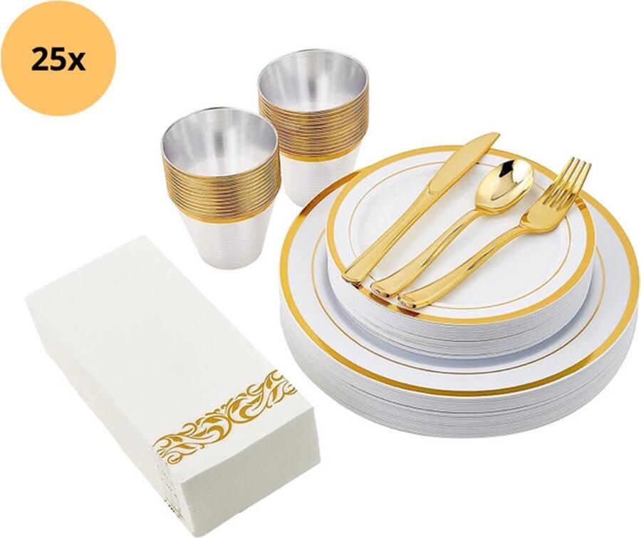 NovaWare 175-delig Plastic Feestservies 50 Borden met Gouden rand 25 Lepels 25 Vorken 25 Messen 25 Bekers 25 Servetten Bruiloften en Verjaardagen