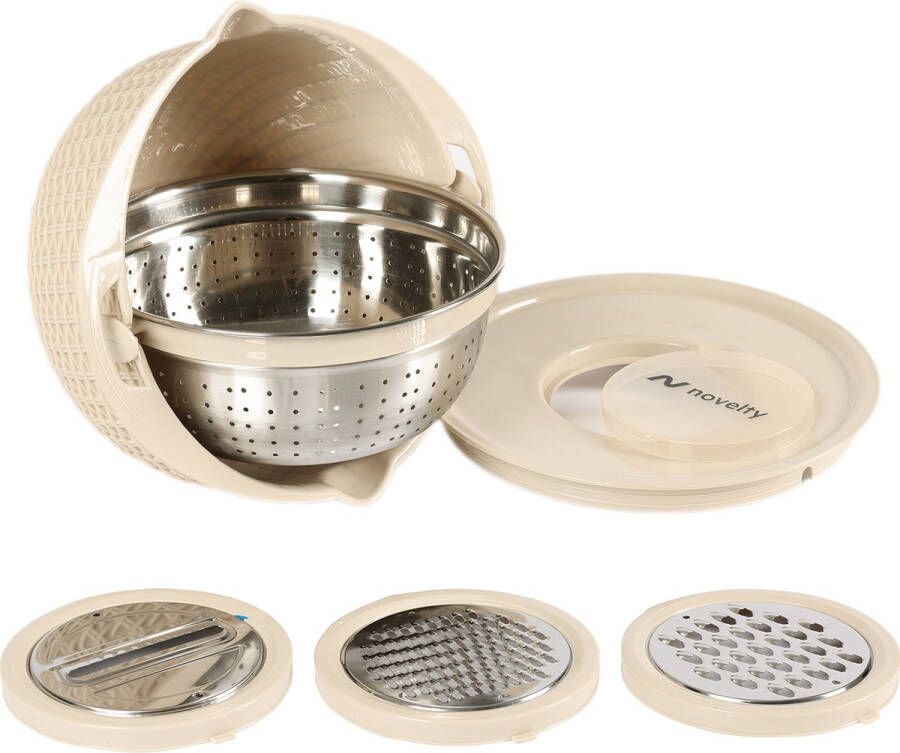 Novelty Multifunctioneel Vergiet – Mandoline – Groentesnijder Zeef je Eten Mengkom Beslagkom – BPA Vrij – Beige