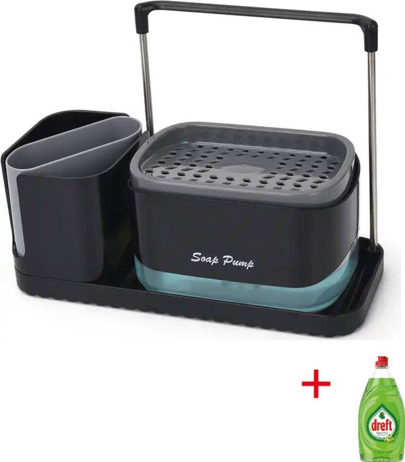 Novilot Zeeppomp 3 in 1 Sponshouder Zeepdispenser Afdruiprekje Luxe Inclusief Spons Aanrecht Keukenaccessoire Gootsteen Gadgets Dreft
