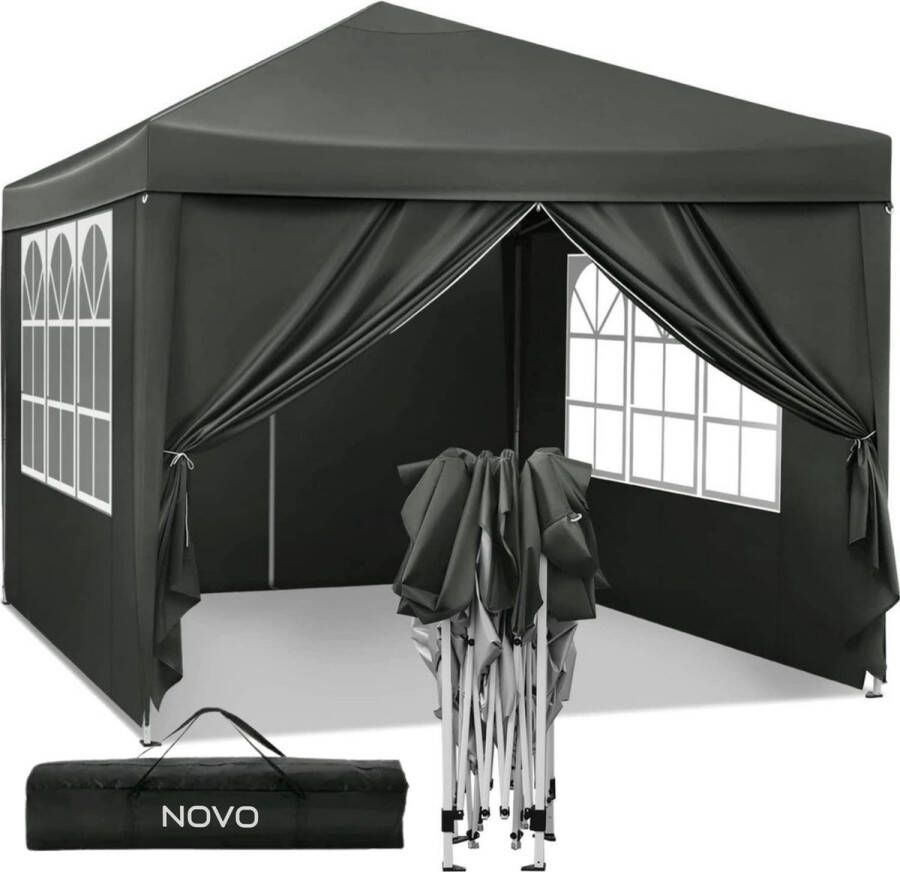 Novo Partytent Easy up 3 x 3m Paviljoen met Zijpanelen Opvouwbaar Waterdichte Tent In Hoogte Verstelbaar Zwart
