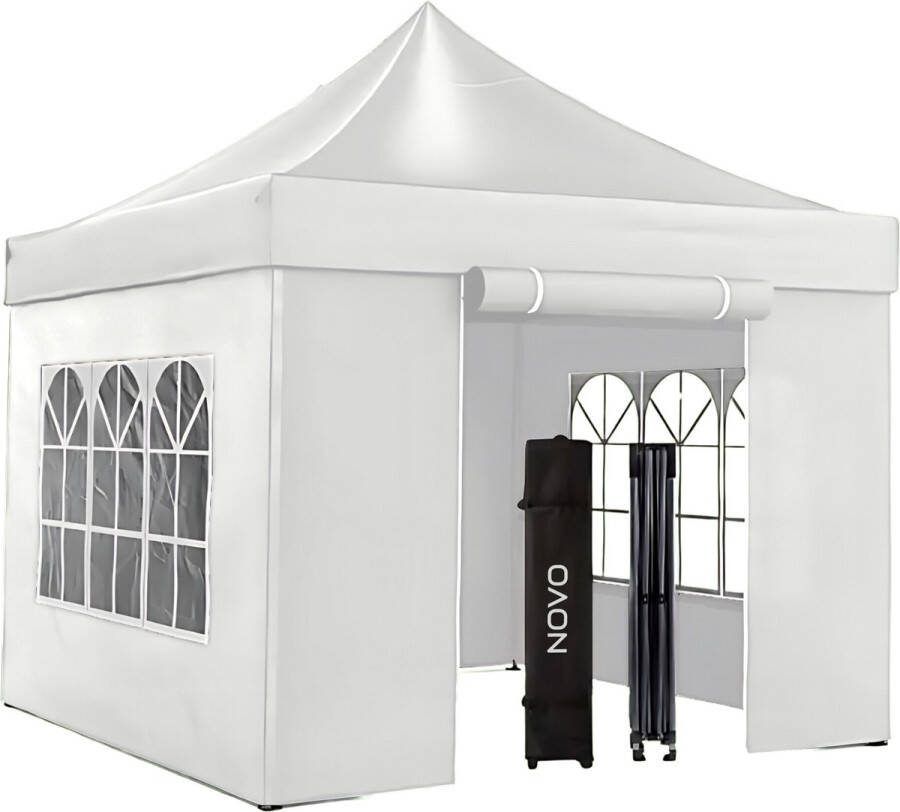 Novo Partytent Luxe Opvouwbaar Paviljoen Easy up Waterdicht 3 x 3m Zijpanelen In Hoogte Verstelbaar Wit