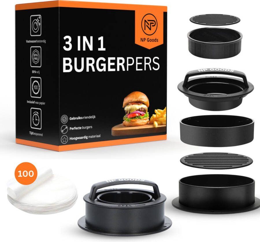 NP Goods Hamburgerpers 3 in 1 inclusief 100 vellen wax papier Burger Press BBQ Accesoires Hamburgermaker Kookgerei