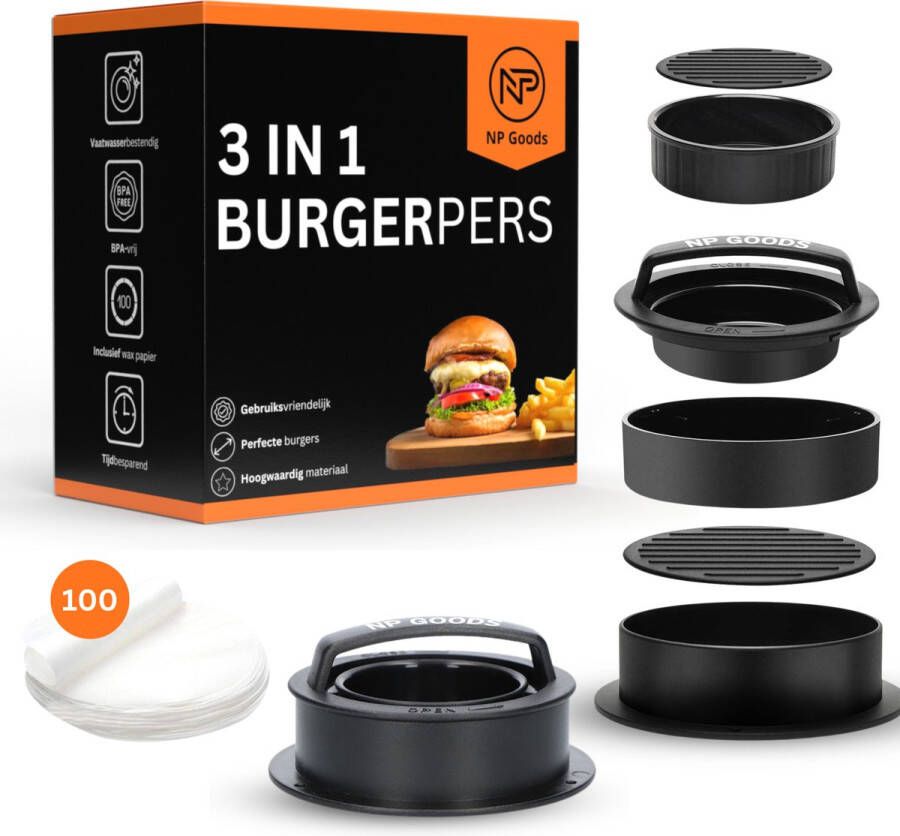 NP Goods Hamburgerpers 3 in 1 inclusief 100 vellen wax papier Hamburger pers Burger Press BBQ Accessoires Hamburgermaker Kookgerei