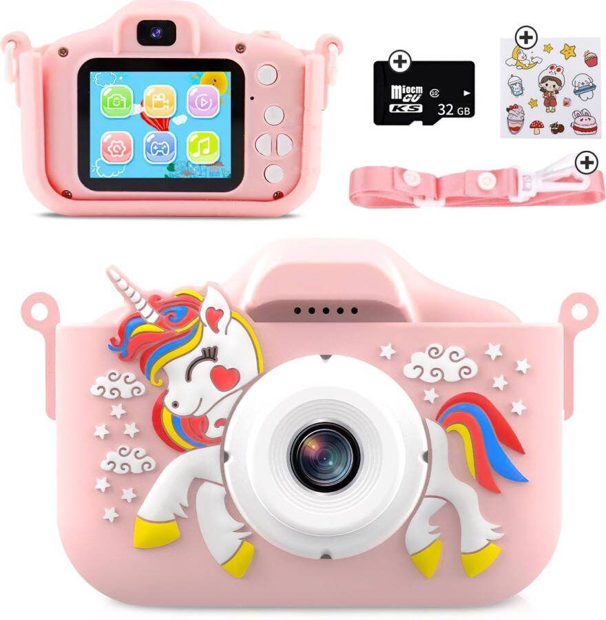 Nubix Digitale Kindercamera inclusief Stickervel Full HD Fototoestel voor Kinderen Creatief Speelgoed 48MP 32GB SD-kaart Roze Eenhoorn