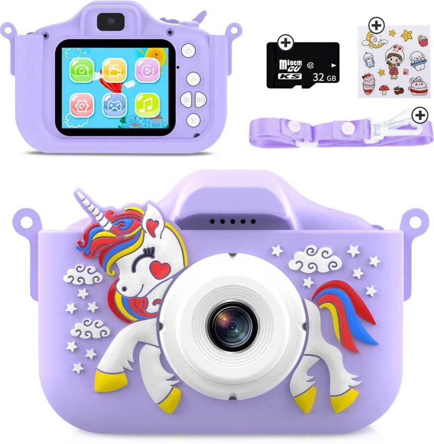 Nubix Digitale Kindercamera inclusief Stickervel Full HD Fototoestel voor Kinderen Creatief Speelgoed 48MP 32GB SD-kaart Paarse Eenhoorn