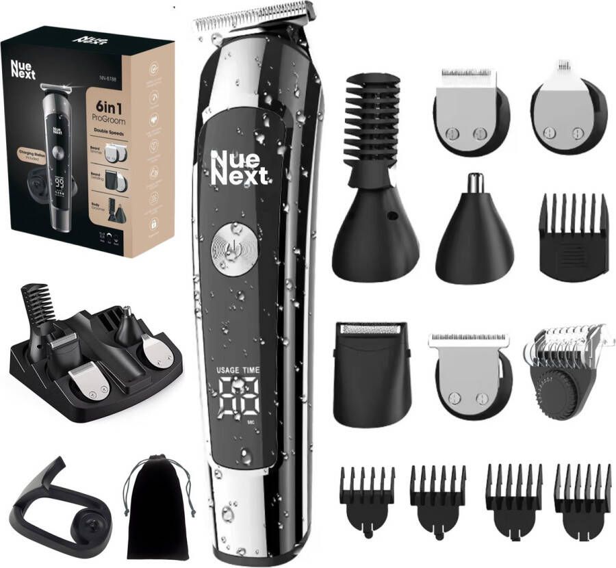 NueNext 6 in 1 Baardtrimmer Mannen ProGroom-Body Trimmer Heren Tondeuse 90 Minuten Gebruikstijd Waterdicht Met oplaadstation Haartrimmer Bodygroomer Multigroomer
