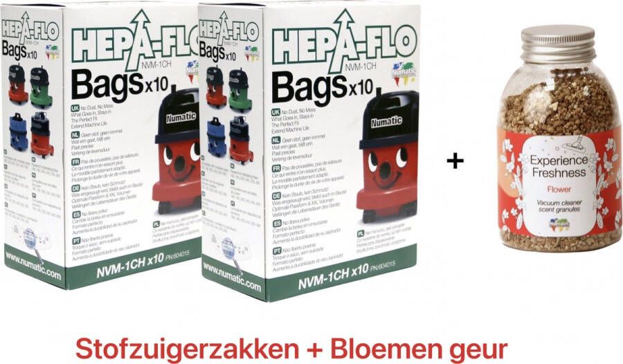 Numatic 2x Stofzuigerzakken + 1x Geurkorrels (bloemen geur) Hepa flo bags Voor Henry Hetty NVM 1CH X10 COMBIDEAL