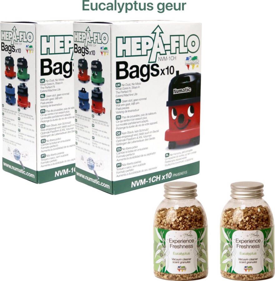 Numatic 2x Stofzuigerzakken + 2x Geurkorrels (eucalyptus geur) Hepa flo bags Voor Henry Hetty NVM 1CH X10 COMBIDEAL