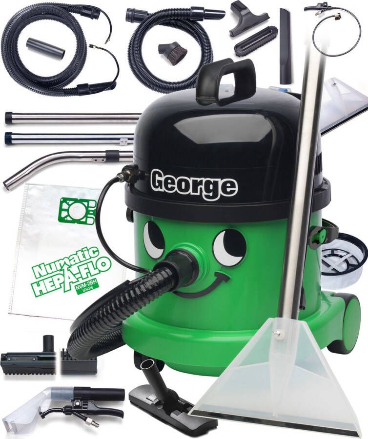 Numatic George tapijtreiniger stofzuiger 15 liter 1060W 10M snoer inclusief accessoire kit voor reinigen van tapijt en bekleding textiel auto interieur nat en droogzuiger sproei-extractieapparaat extractiemachine bouwstofzuiger