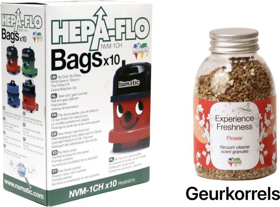 Numatic Stofzuigerzakken + Geurkorrels (bloemen geur) Hepa flo bags Voor Henry Hetty NVM 1CH X10 COMBIDEAL
