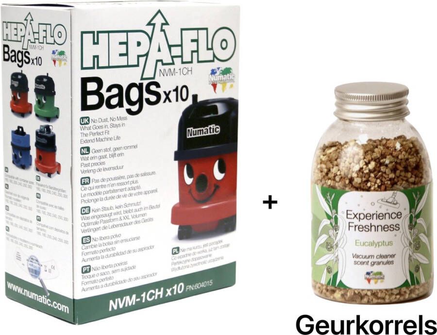 Numatic Stofzuigerzakken + Geurkorrels (eucalyptus geur) Hepa flo bags Voor Henry Hetty NVM 1CH X10 COMBIDEAL