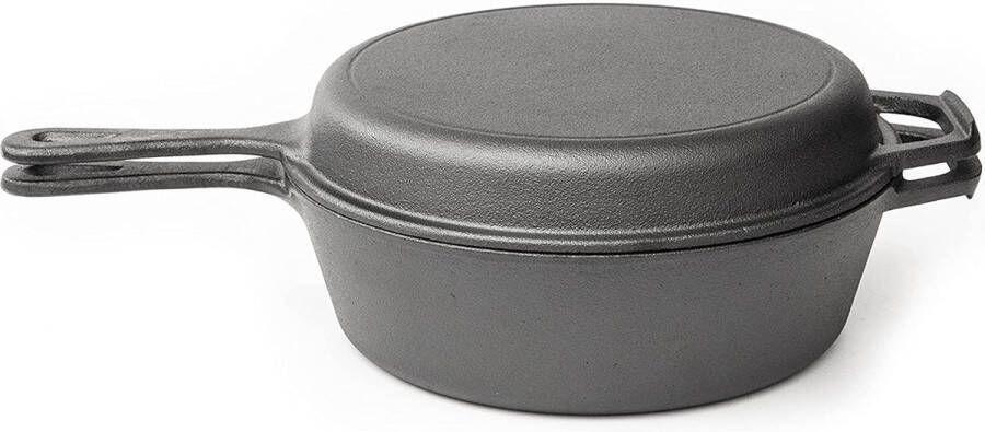 Nuovva 2-in-1 Gietijzeren Steelpan en Braadpan of Grillplaat met Dubbel Functie Koekenpan Deksel 3 liter 26cm