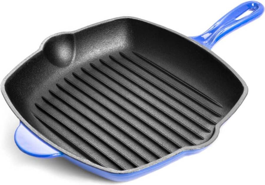 Nuovva Pre Seasoned Gietijzeren Grillpan Steakpan Blauw Vierkant met Schenktuit 28cm Alle warmtebronnen Elektrisch Gas Halogeen Inductie Keramisch